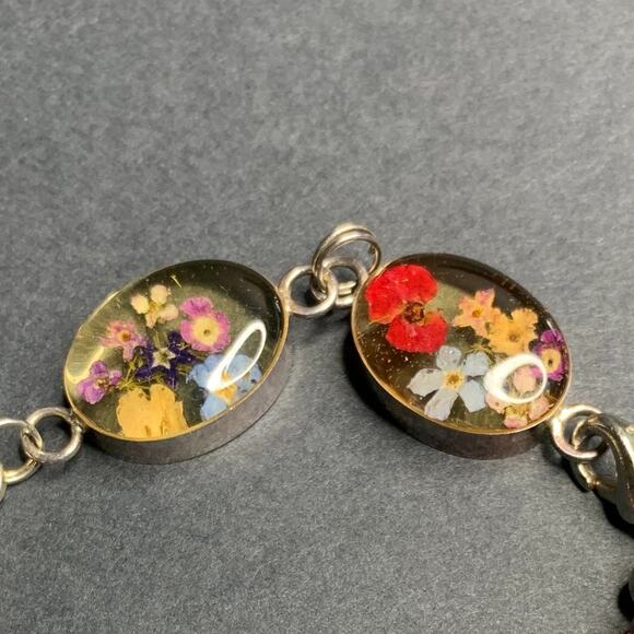 925 Sterling Silver Pressed Flower Lampwork Beaded Bracelet - Picture 2 of 5